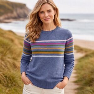 WoolOvers Large Blue Lambswool Multi-Color Striped Crew Neck Sweater Cozycore‎